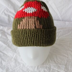 Olive Green Knit Mushroom Beanie